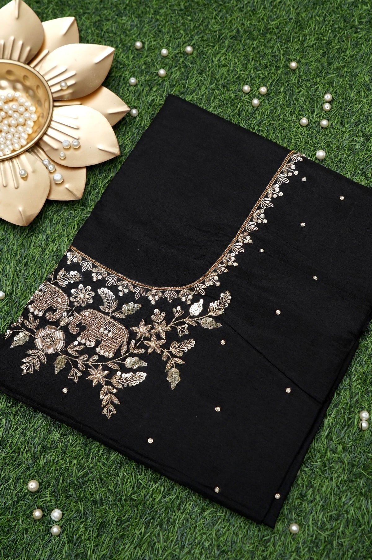 Hand Embroidered Raw Silk Blouse Fabric in Charcoal Black