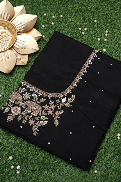 Hand Embroidered Raw Silk Blouse Fabric in Charcoal Black