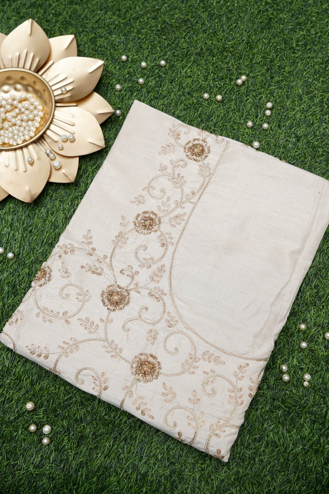 Hand Embroidered Raw Silk Blouse Fabric in Ivory