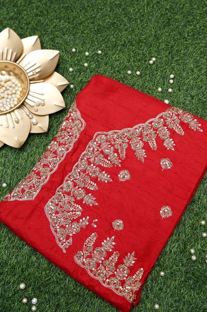 Hand Embroidered Raw Silk Blouse Fabric in Red