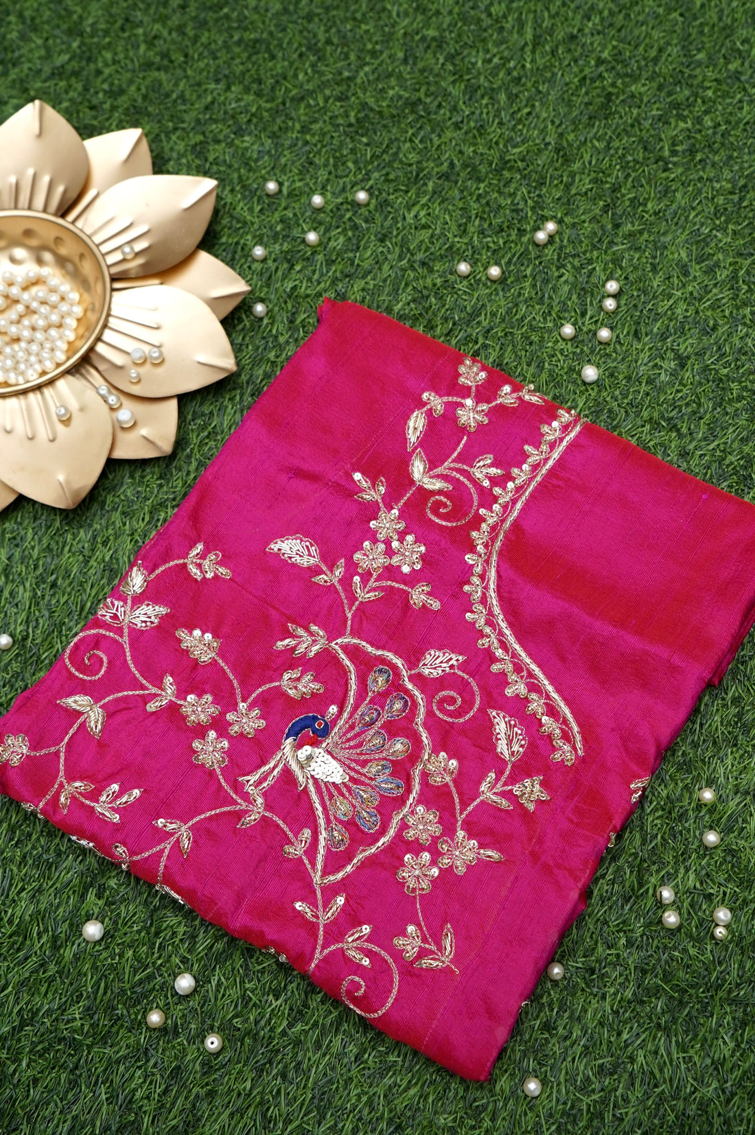 Hand Embroidered Raw Silk Blouse Fabric in Rani Pink