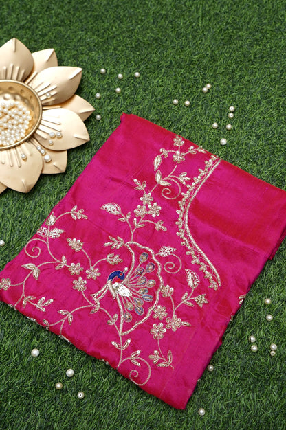 Hand Embroidered Raw Silk Blouse Fabric in Rani Pink