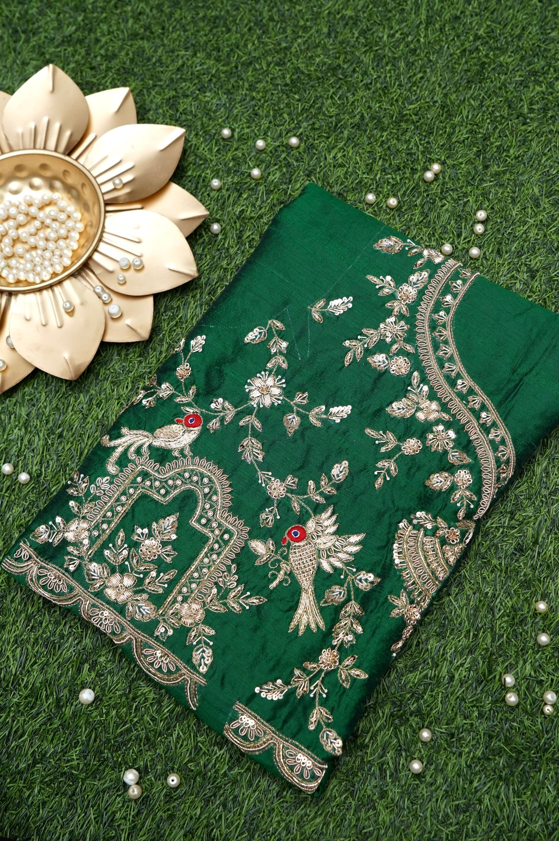 Hand Embroidered Raw Silk Blouse Fabric in Bottle Green