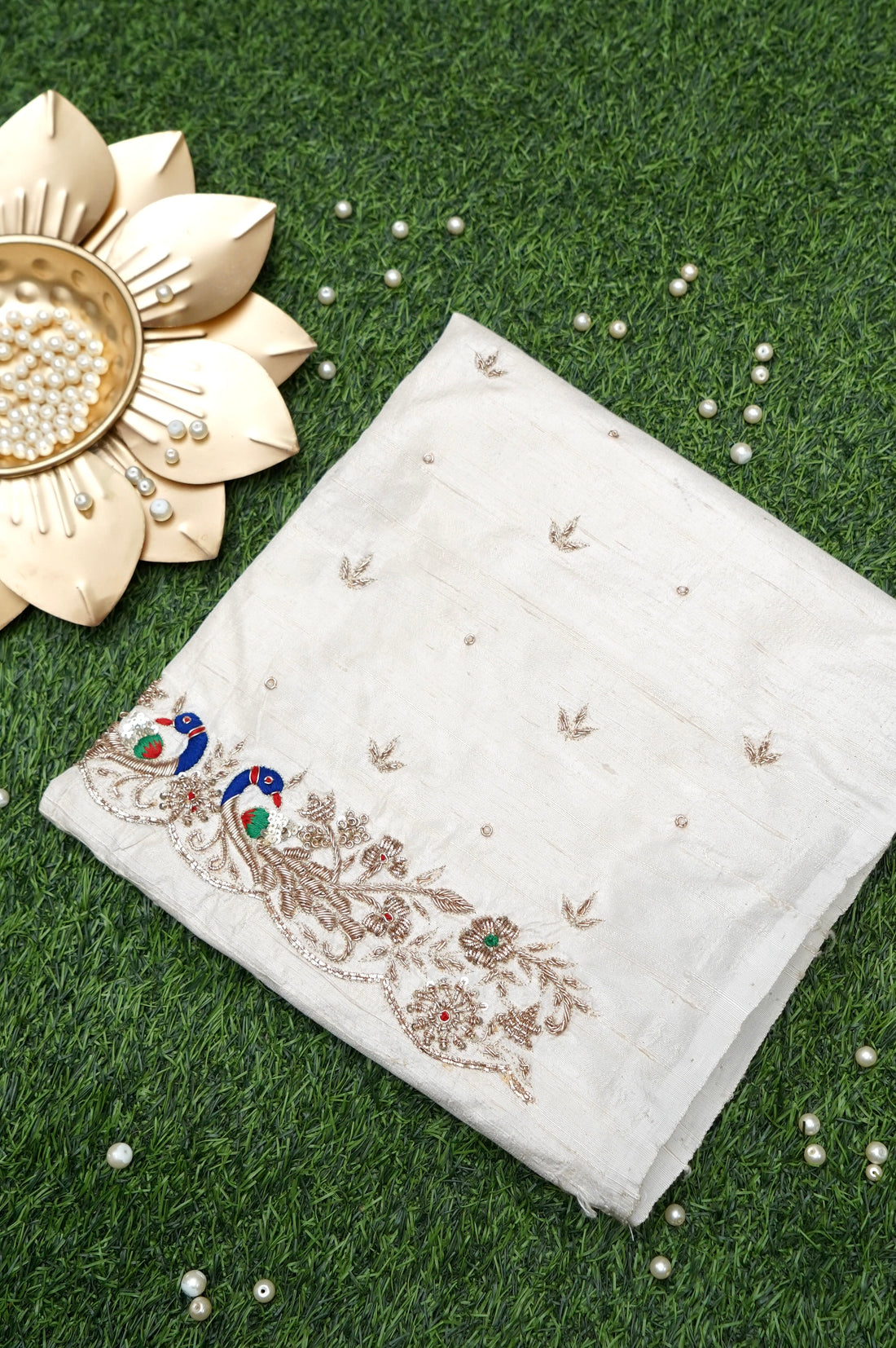 Hand Embroidered Raw Silk Blouse Fabric in White