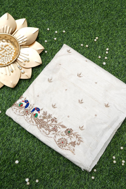 Hand Embroidered Raw Silk Blouse Fabric in White