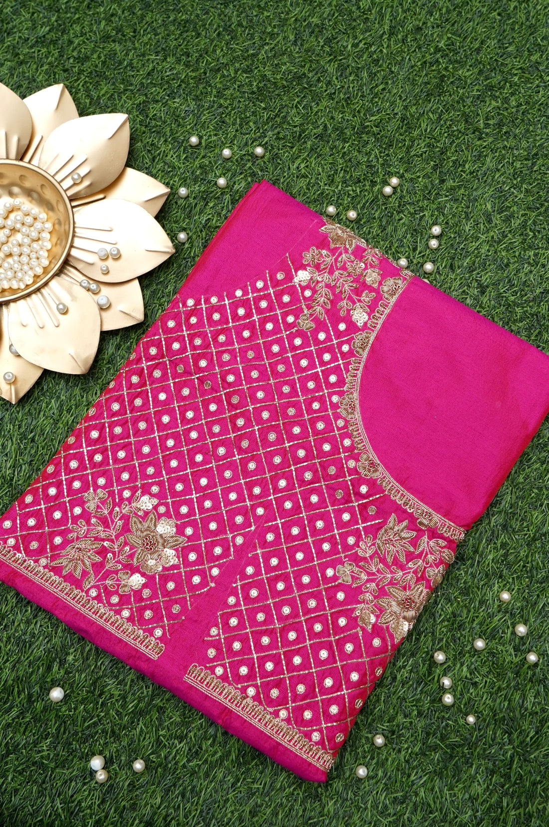 Hand Embroidered Raw Silk Blouse Fabric in Pink