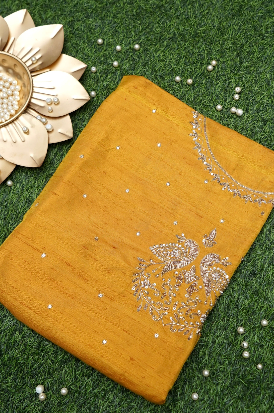 Hand Embroidered Raw Silk Blouse Fabric in Mustard Yellow