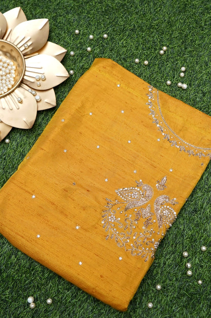 Hand Embroidered Raw Silk Blouse Fabric in Mustard Yellow