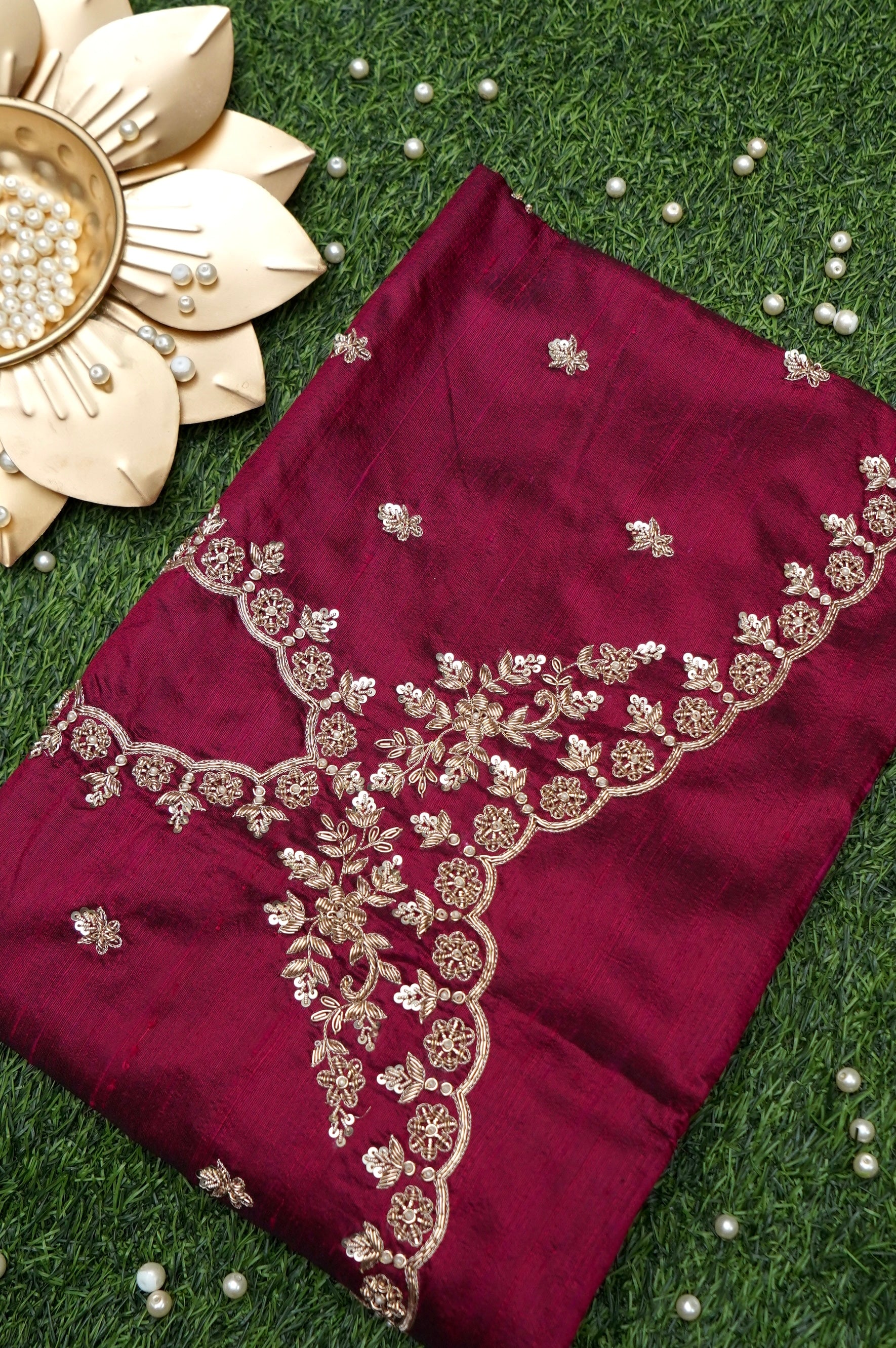 Hand Embroidered Raw Silk Blouse Fabric in Wine