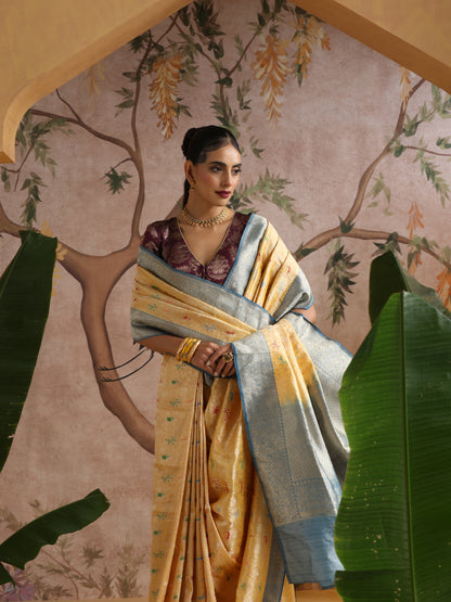 Handwoven Banarasi Katan Silk Shikargah Saree with Contrast Border