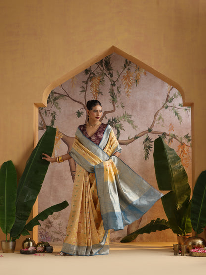 Handwoven Banarasi Katan Silk Shikargah Saree with Contrast Border