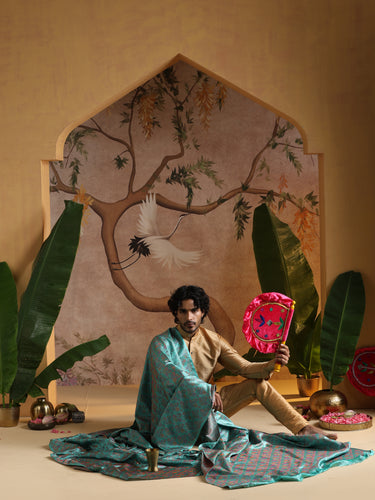 Handloom Banarasi Peonies Tanchoi Silk Fabric