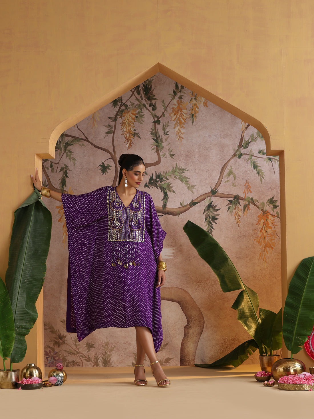 Gajji Silk Bandhani Mirror Work Stitched Kaftan in Royal Purple