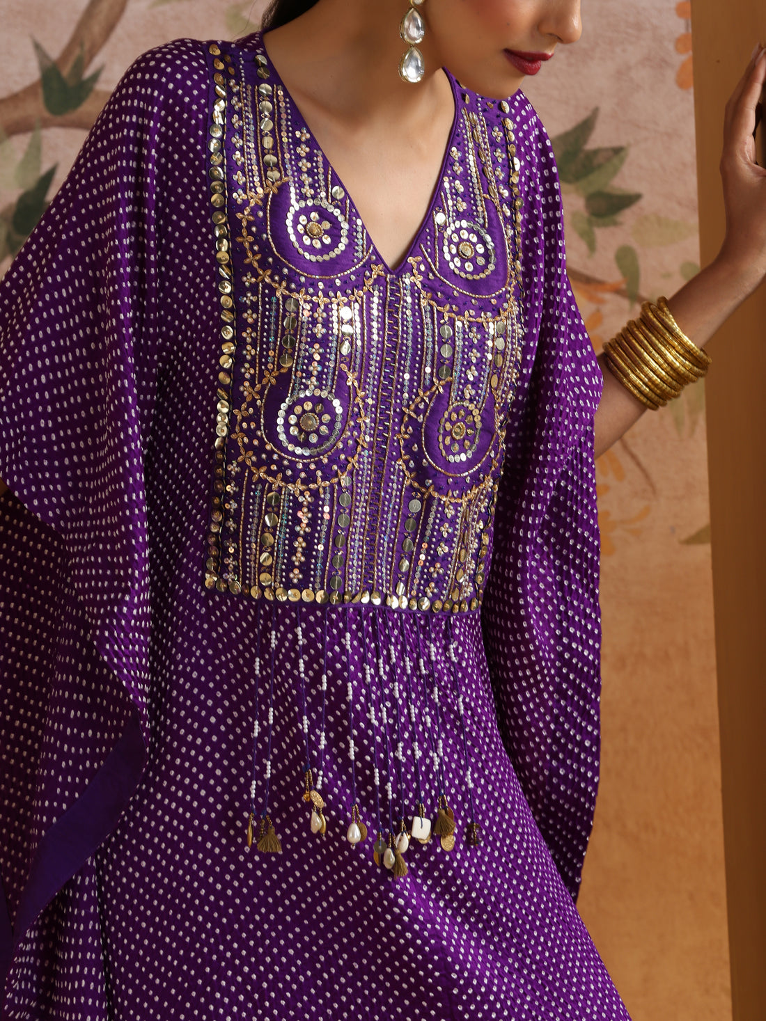 Gajji Silk Bandhani Mirror Work Stitched Kaftan in Royal Purple