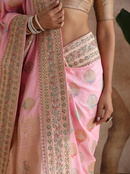 Banarasi Handwoven Katan Silk Kadwa Mor Boota Saree
