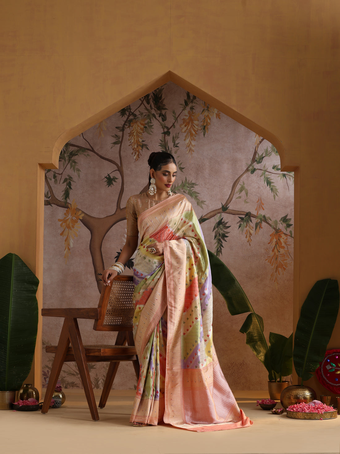 Handloom Banarasi Katan Silk Rangkat Pastel Saree