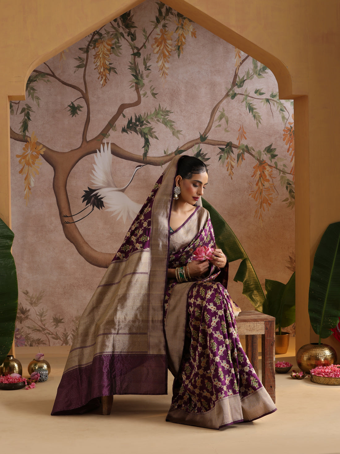 Handloom Banarasi Katan Silk Nandi Jaal Saree