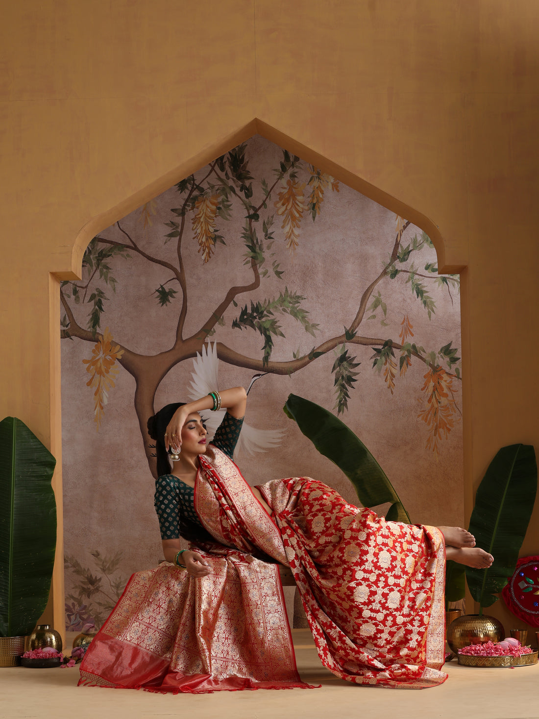 Handwoven Pure Katan Silk Red Banarasi Mughal Boota Saree