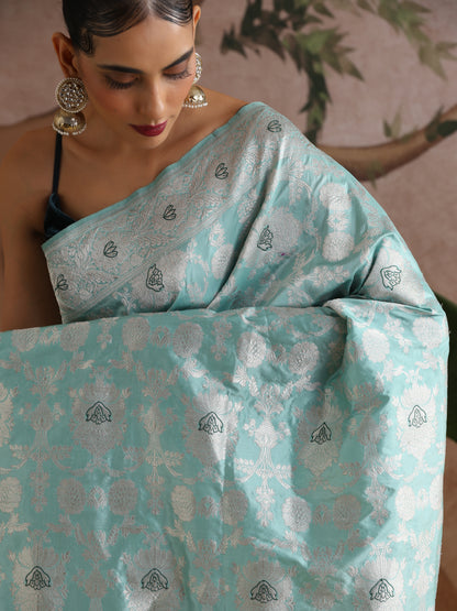 Handwoven Pure Katan Silk Blue Kadwa Jaal Silver Zari Banarasi Saree