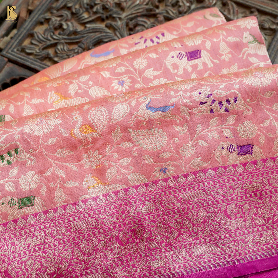 Handloom Katan Silk Banarasi Pink Shikargah Saree with Contrast Border