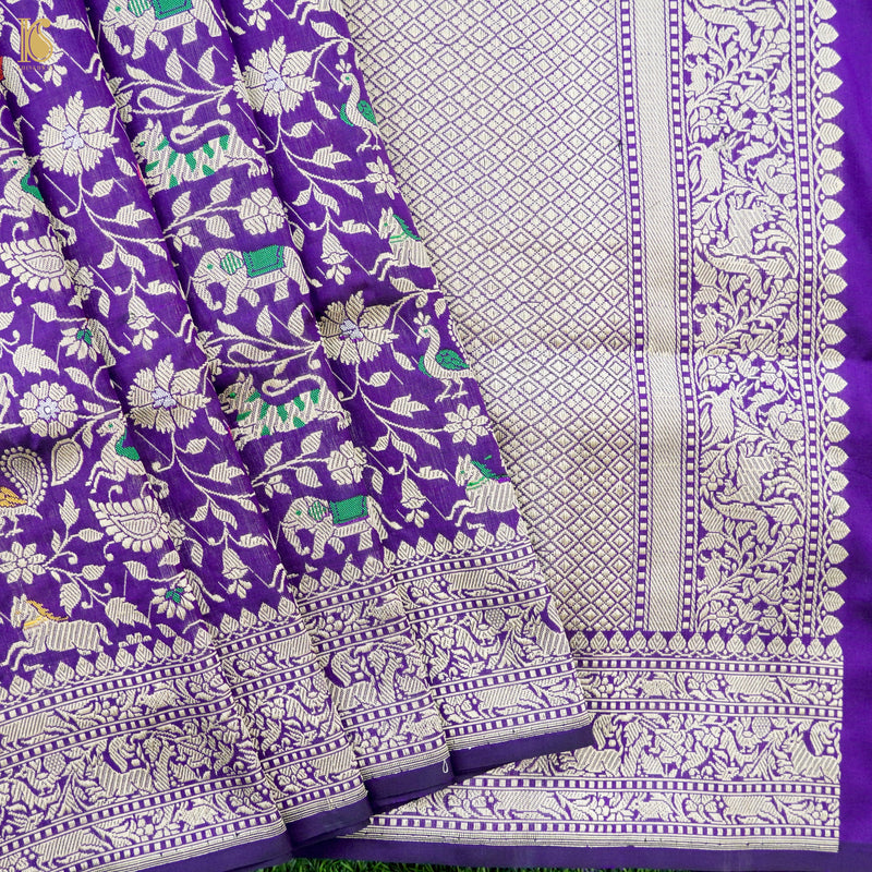 Preorder : Handloom Katan Silk Banarasi Purple Shikargah Saree -