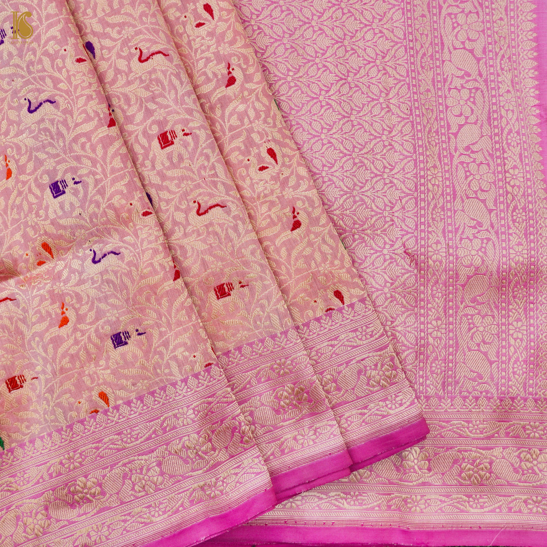 Handloom Katan Silk Banarasi Pink Shikargah Saree with Contrast Border