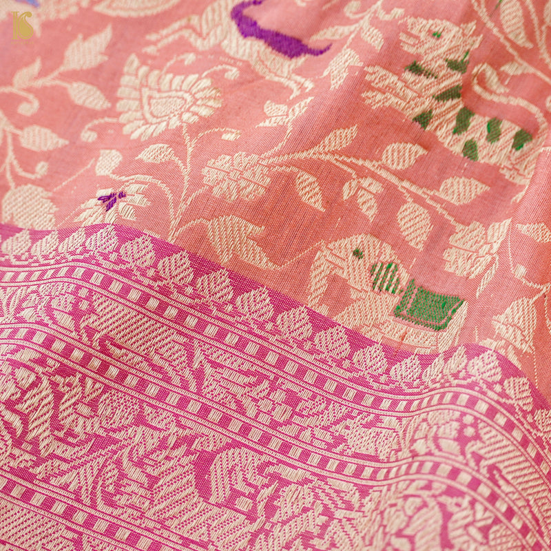 Handloom Katan Silk Banarasi Pink Shikargah Saree