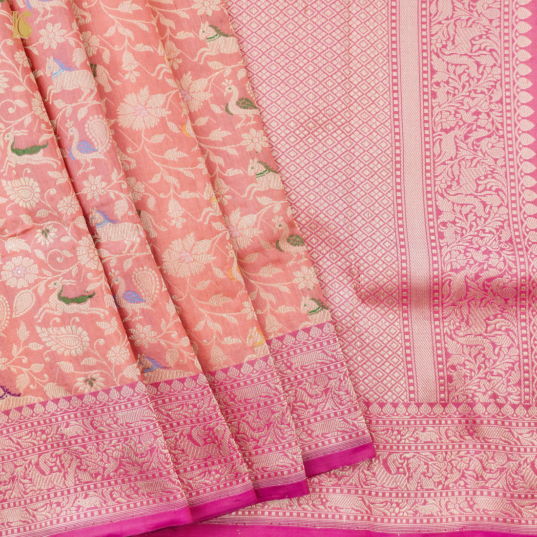 Handloom Katan Silk Banarasi Pink Shikargah Saree with Contrast Border