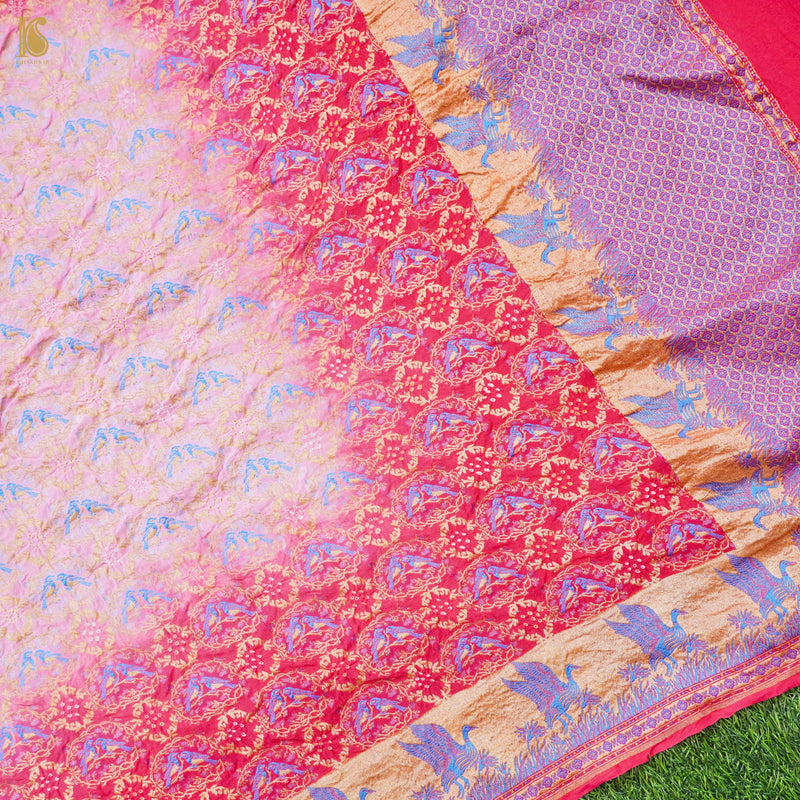 Birds of Paradise - Pure Georgette Handloom Banarasi Pink Bandhani Saree