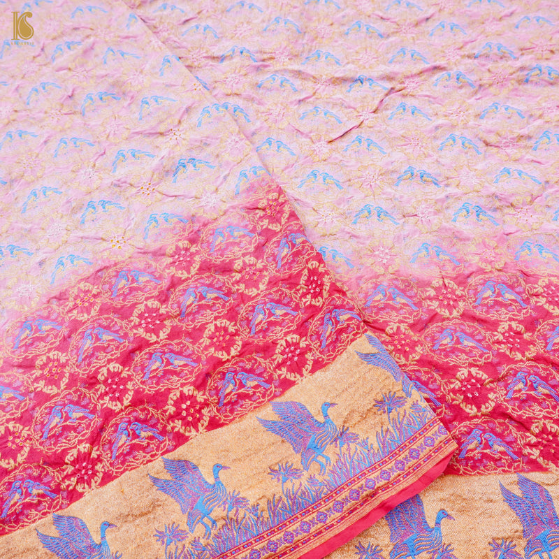 Birds of Paradise - Pure Georgette Handloom Banarasi Pink Bandhani Saree