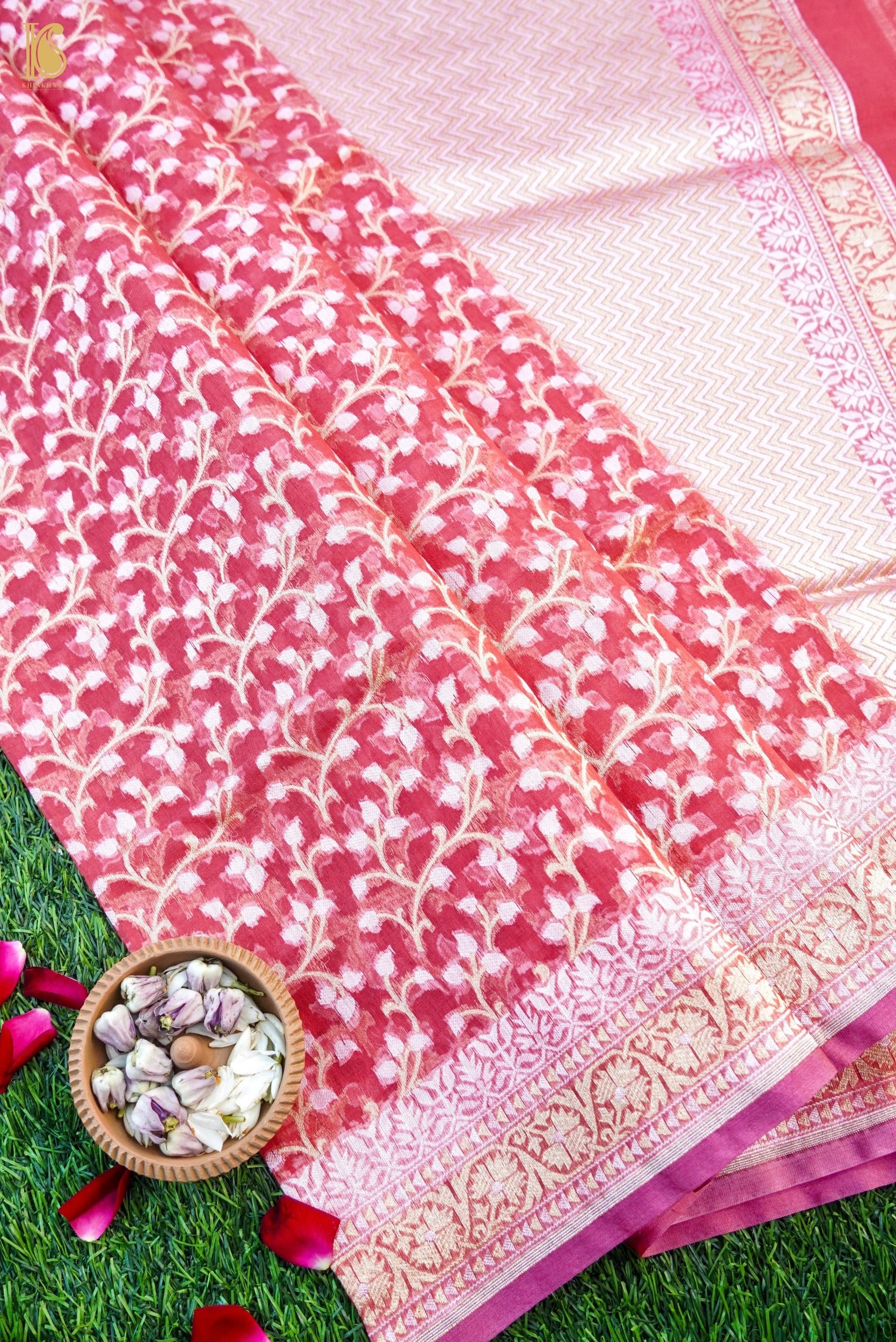 Floral Jaal Design Steel Grey Kora Silk Cotton Saree – Sundari Silks