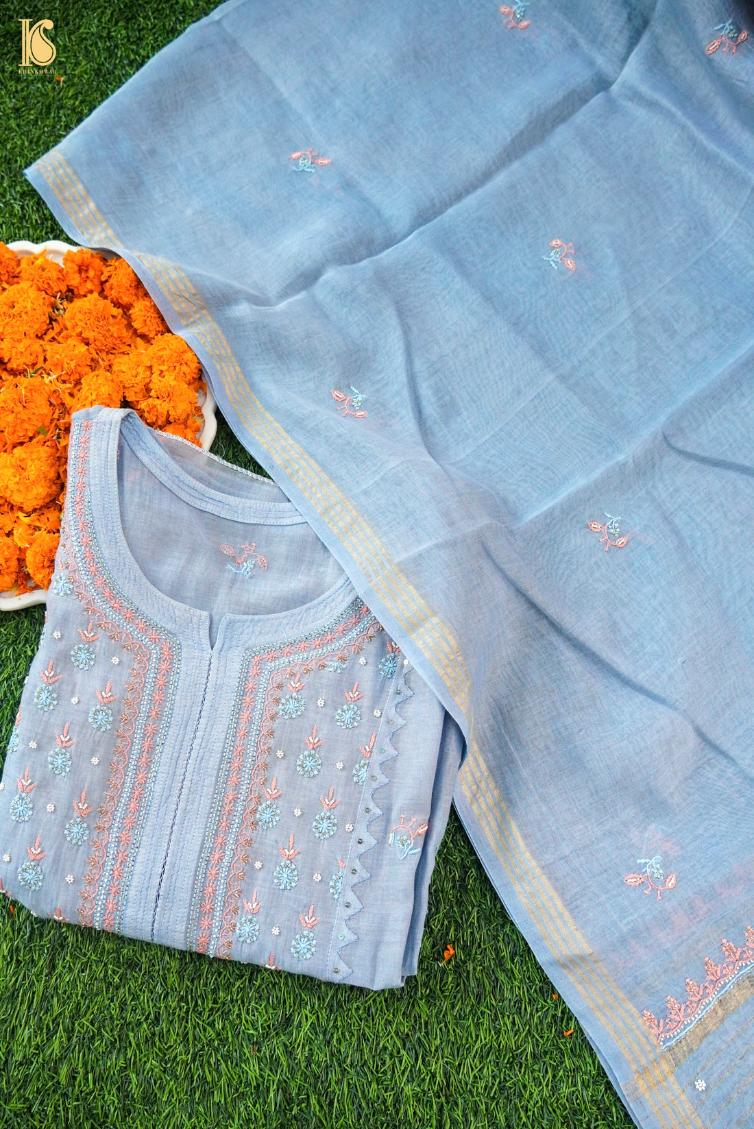Chikankari Pure Mal Chanderi Fabric Set