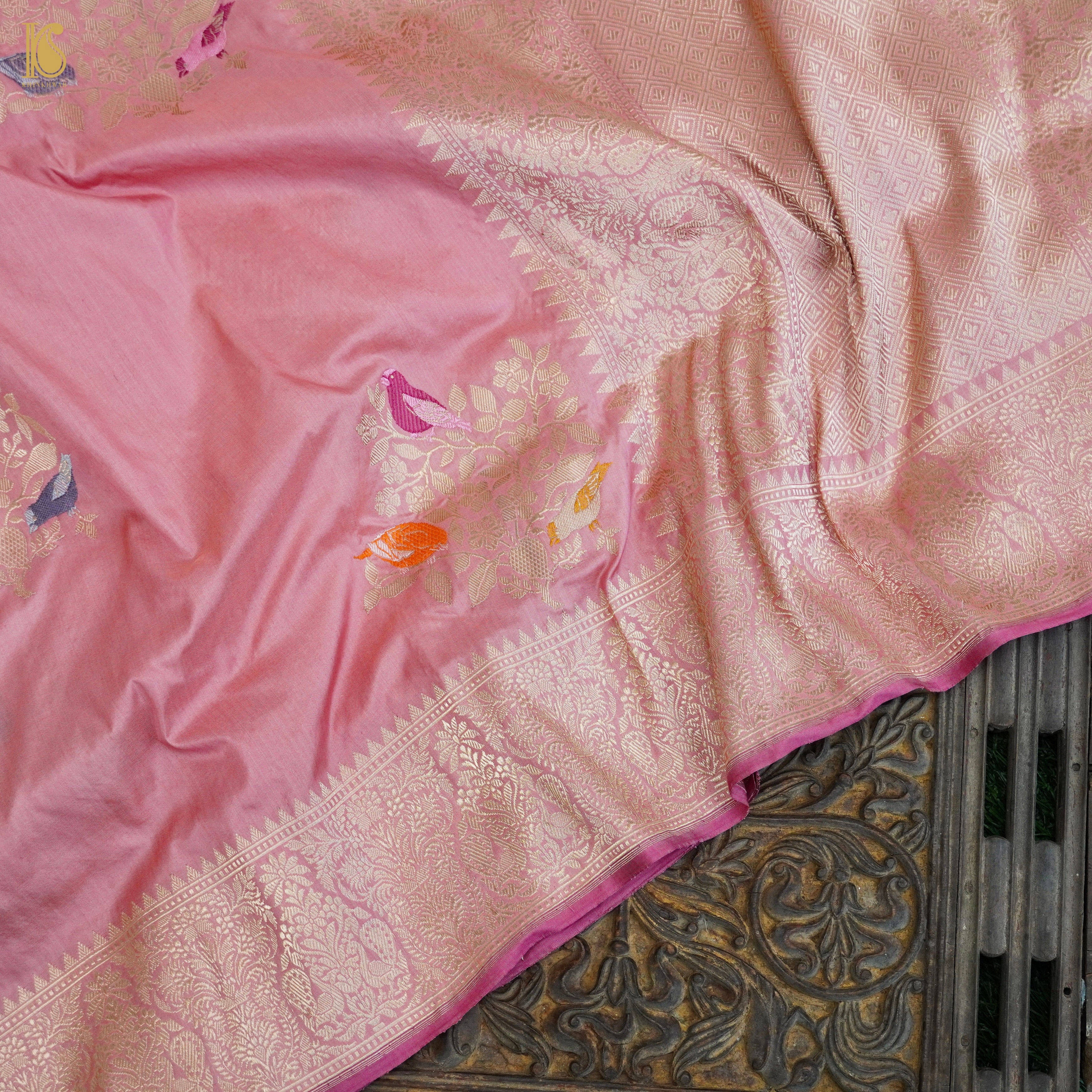 Handloom Banarasi Katan Silk Pink Bird Kadwa Saree