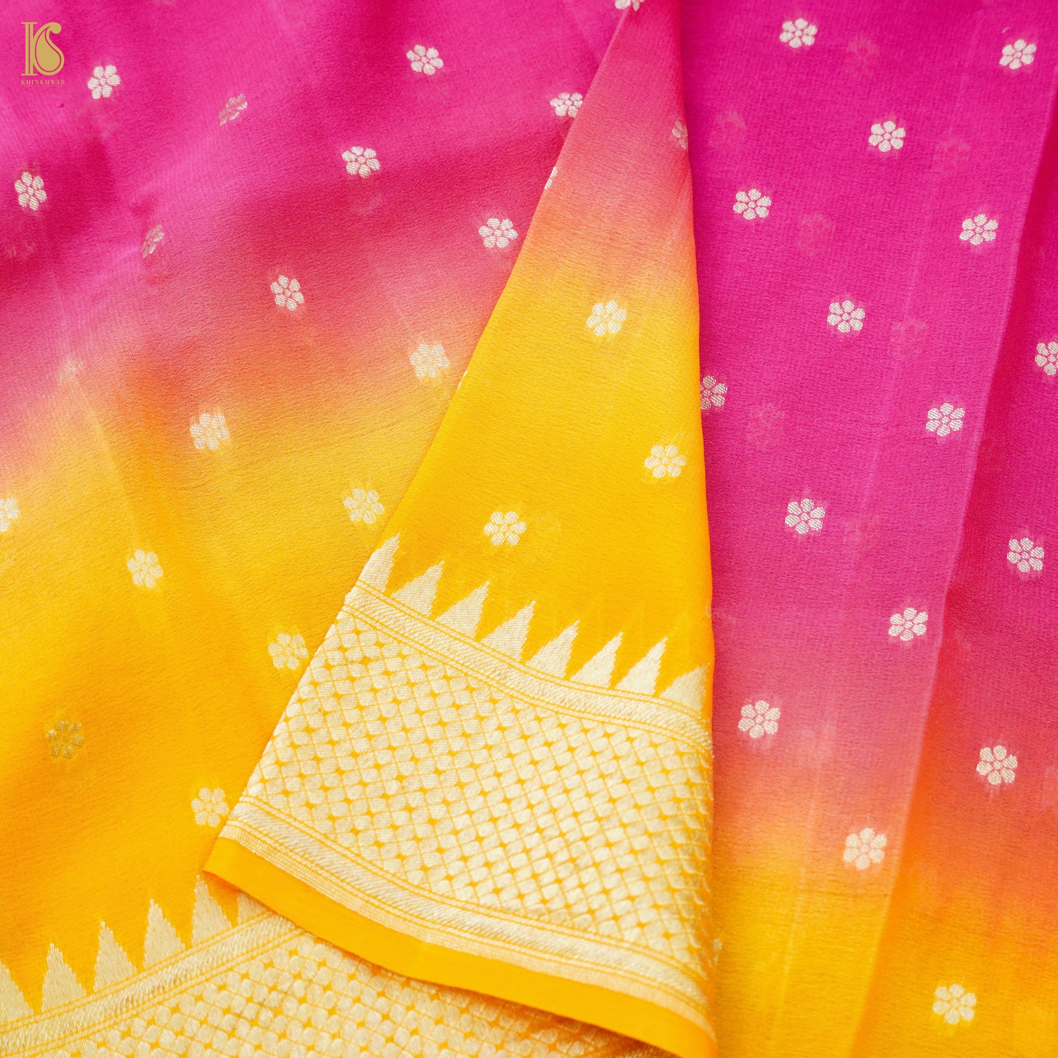 Nalli - The floral zari buttas shine on this alluring yellow Banarasi  georgette saree, the contrast red border lends a graceful charm to it  making it an ideal choice for any occasion.