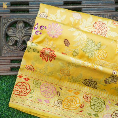 Handloom Banarasi Katan Silk Yellow Meenakari Kadwa Jaal Saree