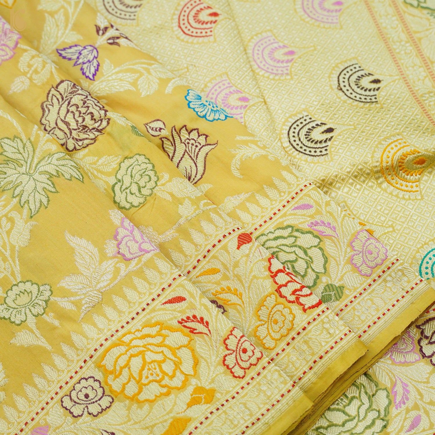 Handloom Banarasi Katan Silk Yellow Meenakari Kadwa Jaal Saree
