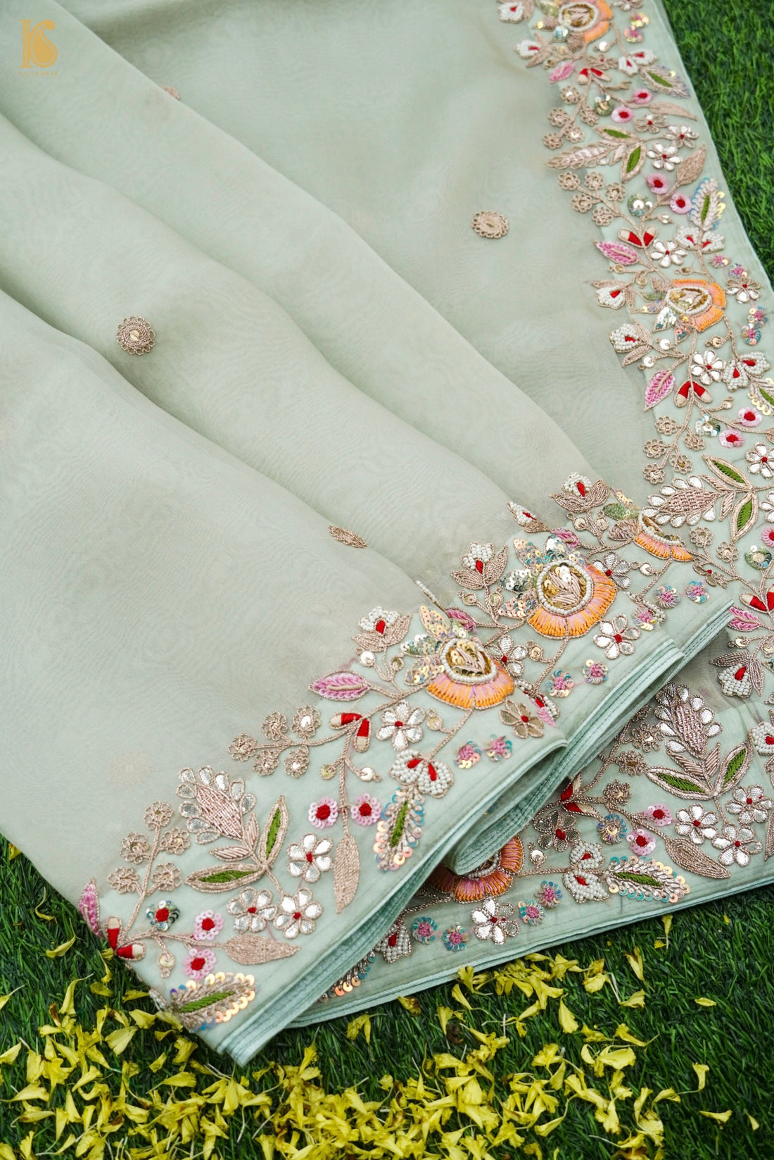 Pure Chiffon Saree with Pearl & Resham Embroidery