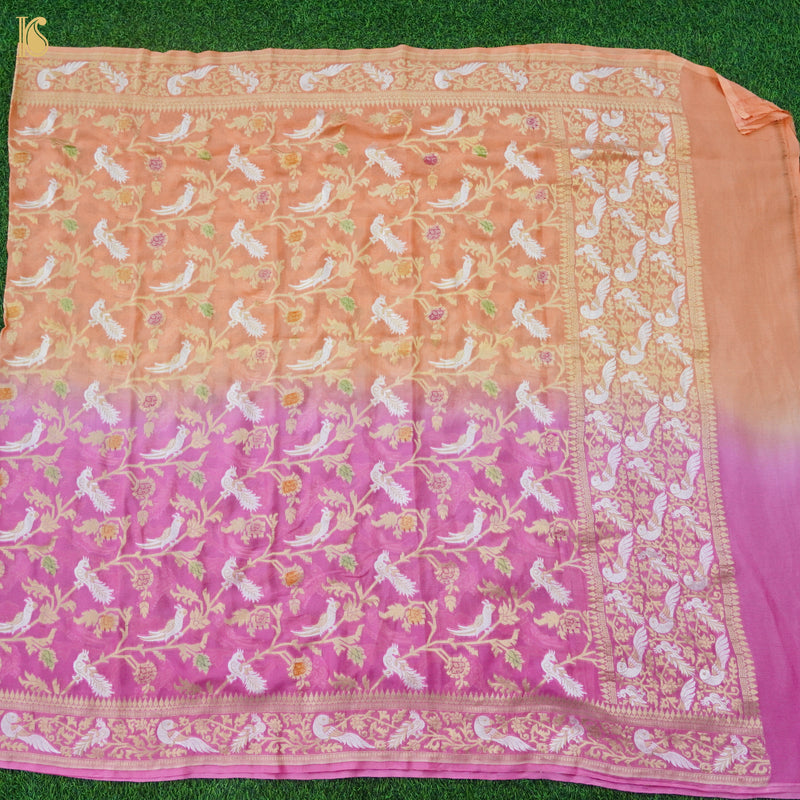 Birds of Paradise : Pink & Peach Pure Georgette Handloom Banarasi Dupatta