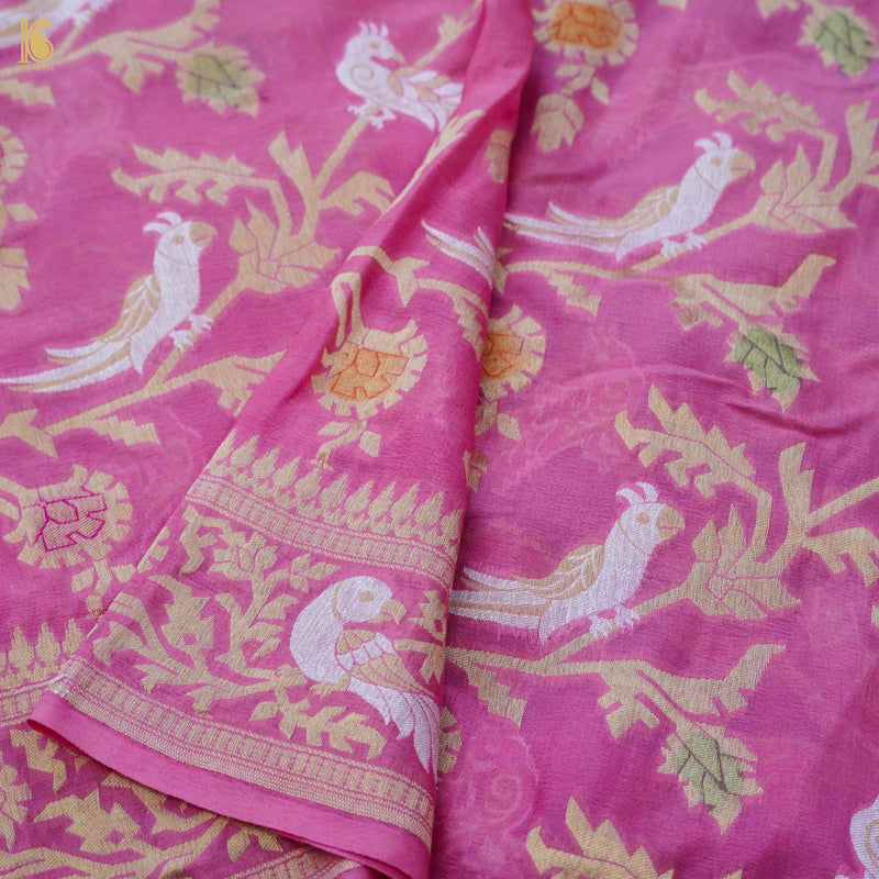 Birds of Paradise : Pink & Peach Pure Georgette Handloom Banarasi Dupatta