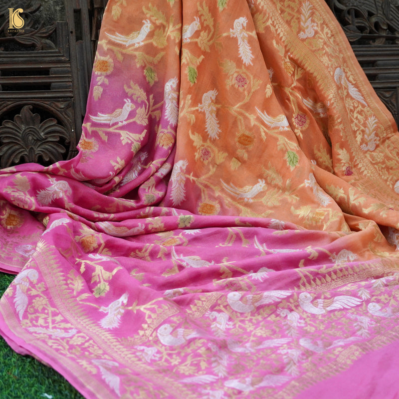 Birds of Paradise : Pink & Peach Pure Georgette Handloom Banarasi Dupatta