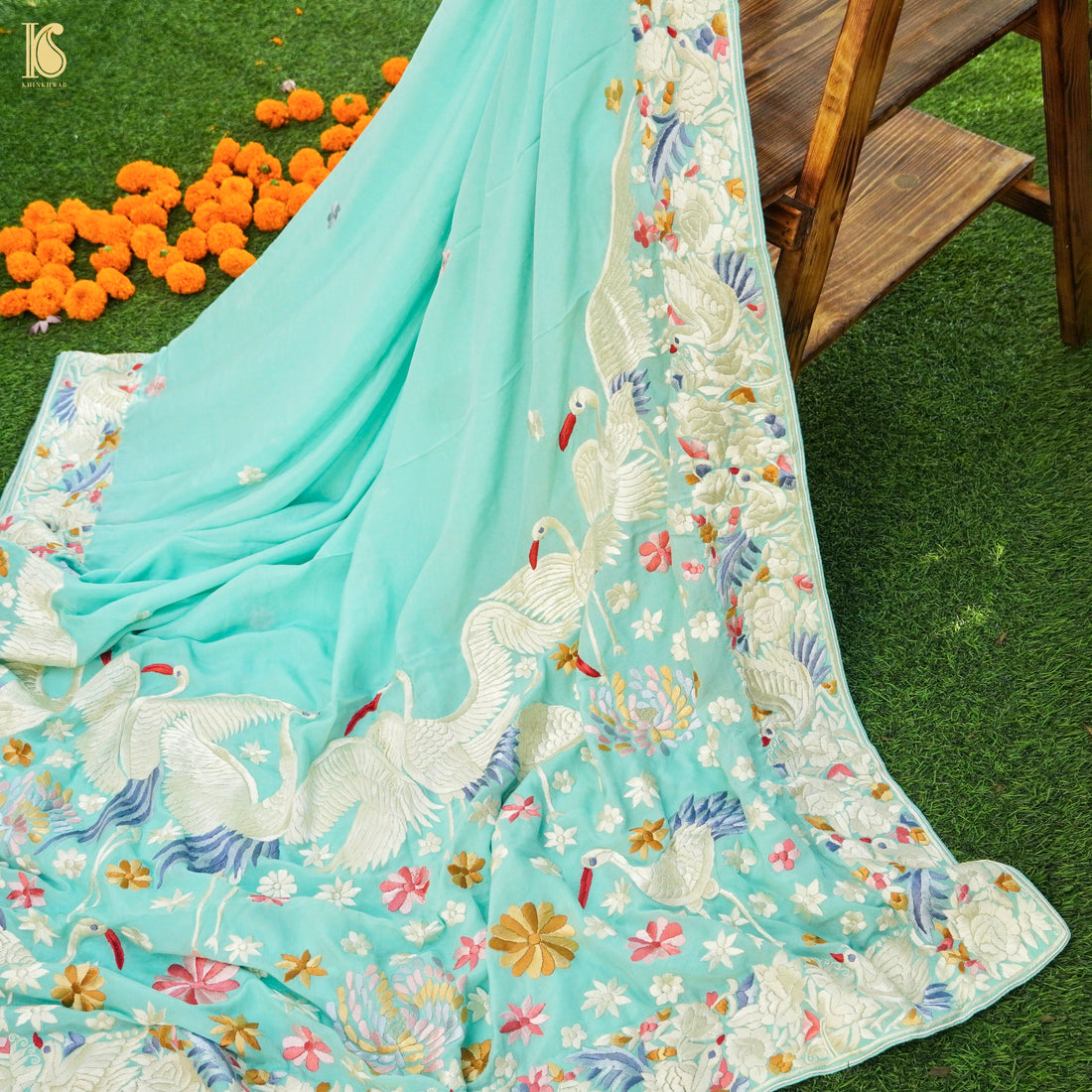 Parsi Gara Pure Crepe Crane Saree