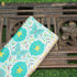 White & Teal Titli Print Chiniya Silk Fabric - Khinkhwab