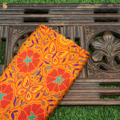 Poppy Orange &amp; Yellow Titli Print Chiniya Silk Fabric - Khinkhwab