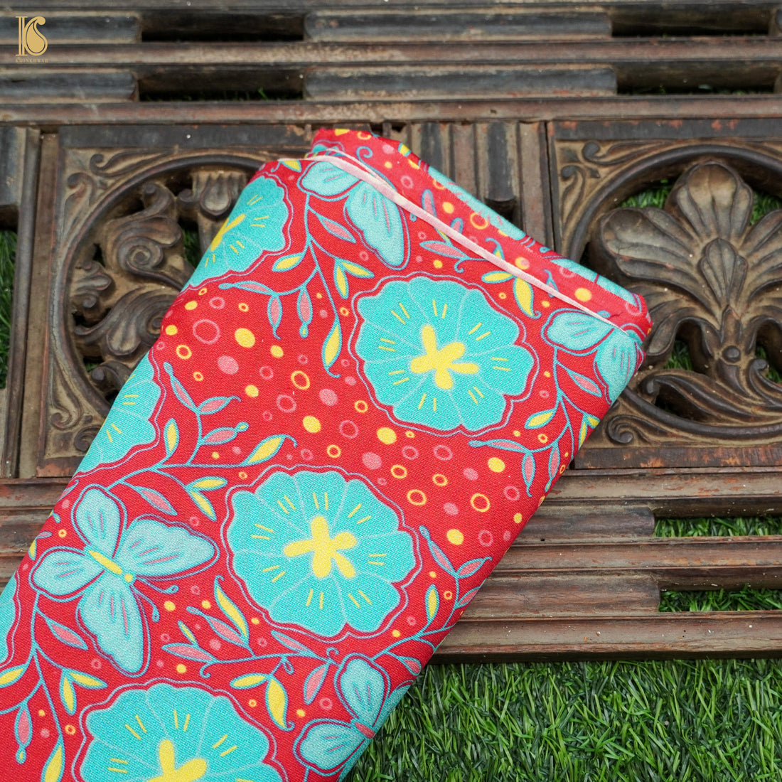Poppy Crimson &amp; Teal Titli Print Chiniya Silk Fabric - Khinkhwab