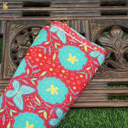 Poppy Crimson &amp; Teal Titli Print Chiniya Silk Fabric - Khinkhwab
