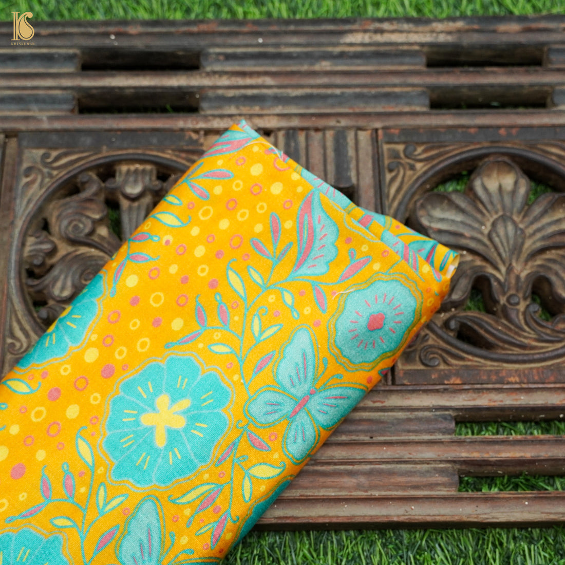 Poppy Yellow &amp; Teal Titli Print Chiniya Silk Fabric - Khinkhwab