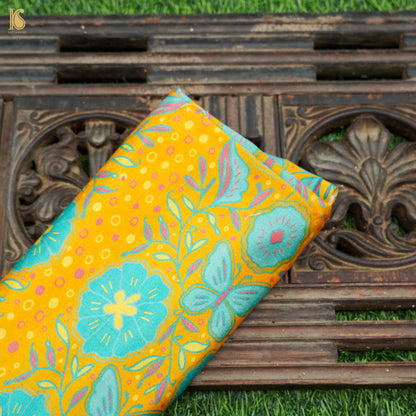 Poppy Yellow &amp; Teal Titli Print Chiniya Silk Fabric - Khinkhwab