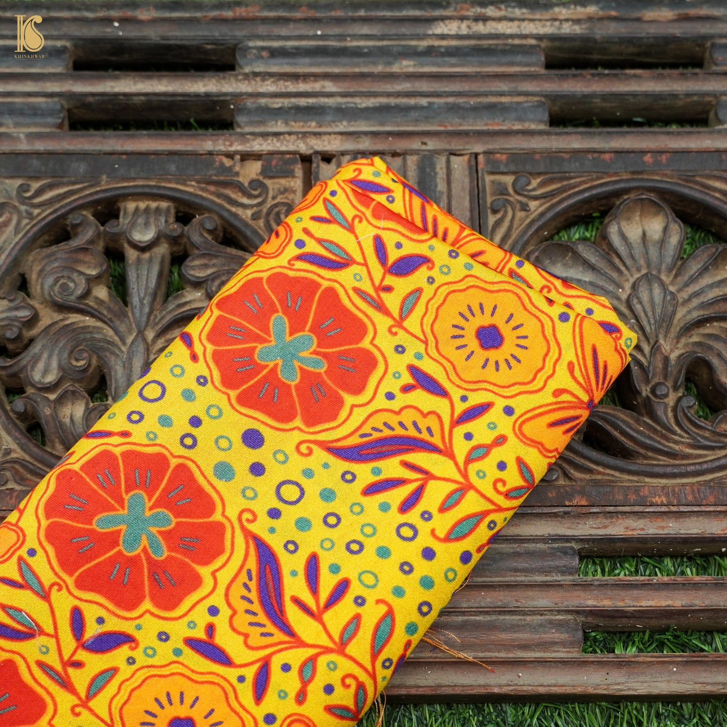 Poppy Yellow &amp; Orange Titli Print Chiniya Silk Fabric - Khinkhwab