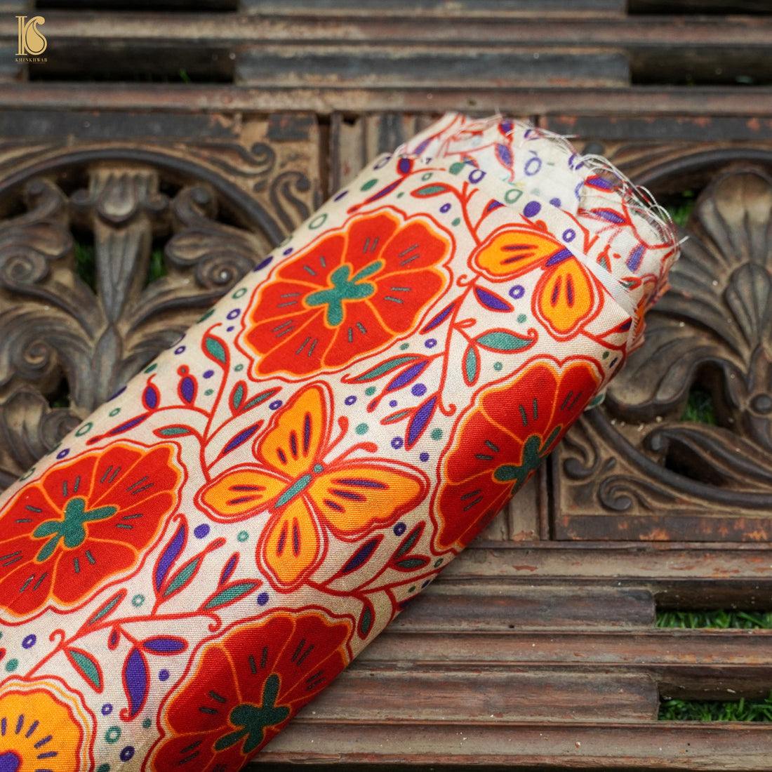 Poppy Yellow & Orange Titli Print Chiniya Silk Fabric - Khinkhwab
