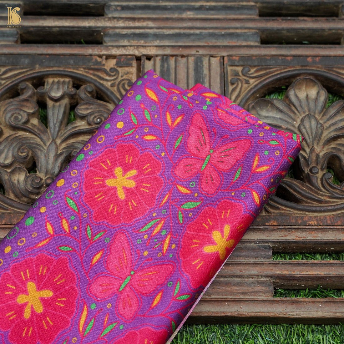 Poppy Purple &amp; Pink Titli Print Chiniya Silk Fabric - Khinkhwab